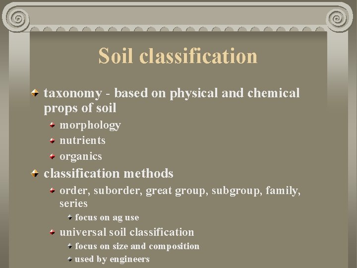 Soil classification taxonomy - based on physical and chemical props of soil morphology nutrients