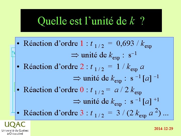 Quelle est l’unité de k ? • Réaction d’ordre 1 : t 1 /