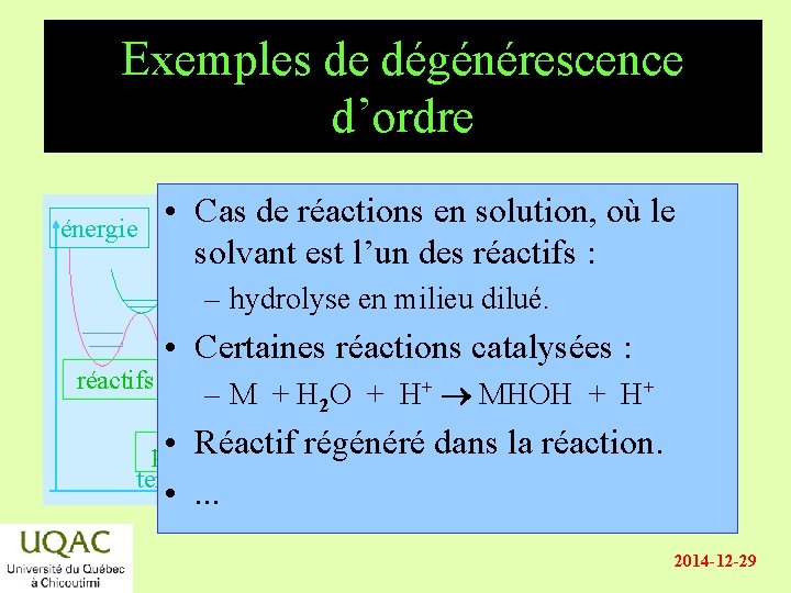 Exemples de dégénérescence d’ordre énergie • Cas de réactions en solution, où le solvant