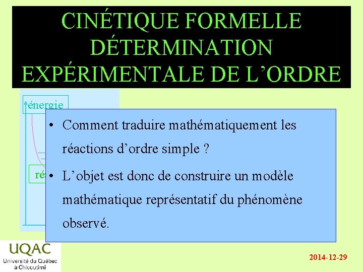 CINÉTIQUE FORMELLE DÉTERMINATION EXPÉRIMENTALE DE L’ORDRE énergie • Comment traduire mathématiquement les réactions d’ordre