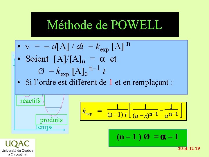 Méthode de POWELL • v = - d[A] / dt = kexp [A] n