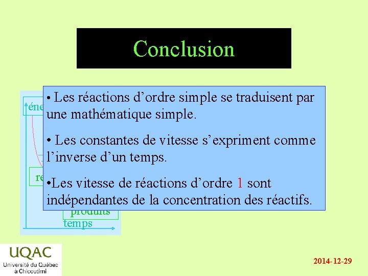 Conclusion • Les réactions d’ordre simple se traduisent par énergie une mathématique simple. •