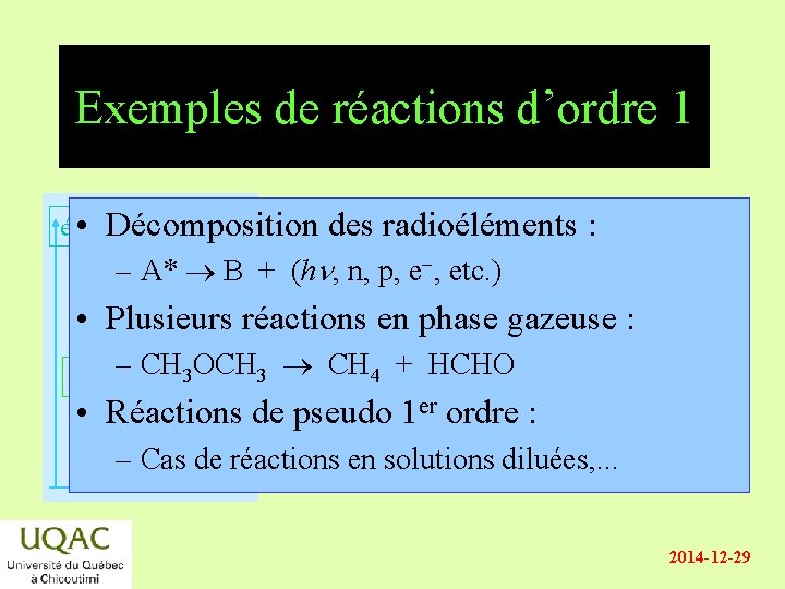 Exemples de réactions d’ordre 1 • Décomposition énergie des radioéléments : – A* B