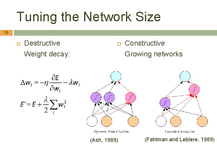 Tuning the Network Size 33 Destructive Weight decay: (Ash, 1989) Constructive Growing networks (Fahlman Tuning the Network Size 33 Destructive Weight decay: (Ash, 1989) Constructive Growing networks (Fahlman