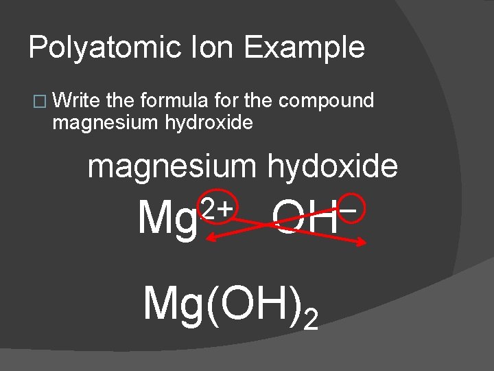 Polyatomic Ion Example � Write the formula for the compound magnesium hydroxide magnesium hydoxide