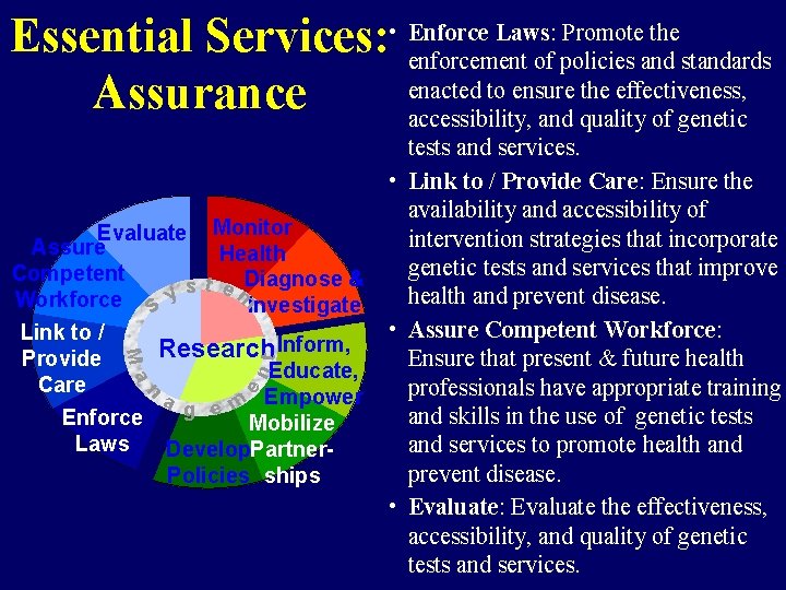 Laws: Promote the Essential Services: • Enforce enforcement of policies and standards enacted to