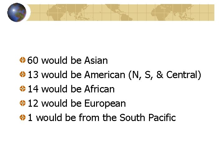 60 would be Asian 13 would be American (N, S, & Central) 14 would