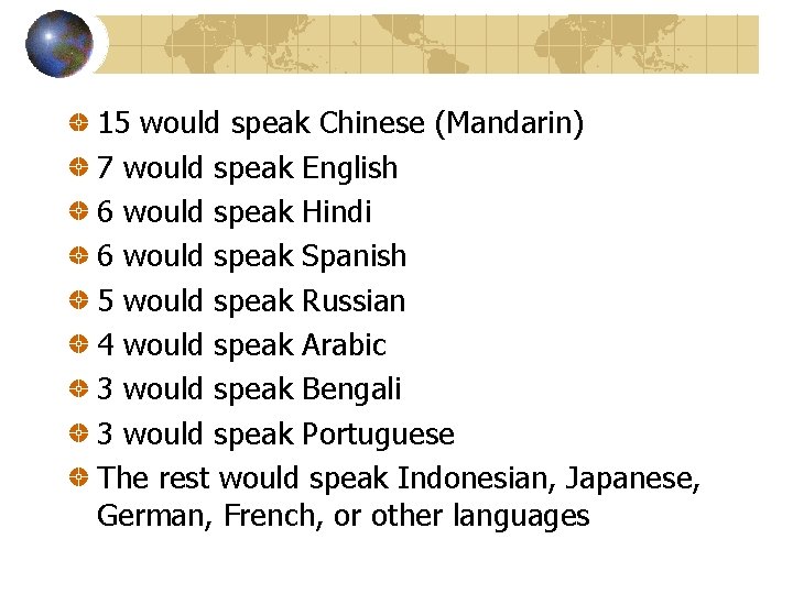 15 would speak Chinese (Mandarin) 7 would speak English 6 would speak Hindi 6