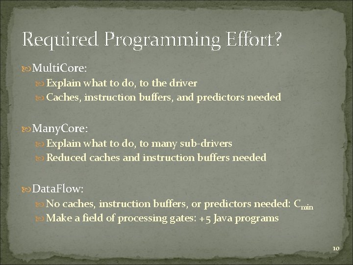 Required Programming Effort? Multi. Core: Explain what to do, to the driver Caches, instruction