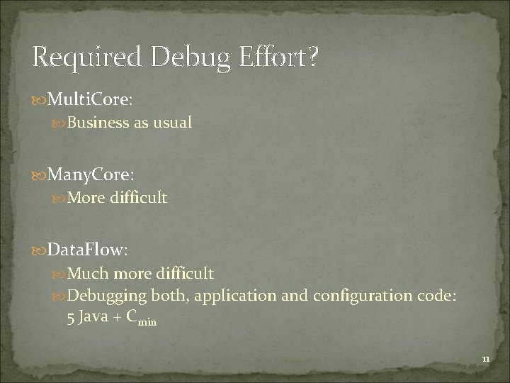 Required Debug Effort? Multi. Core: Business as usual Many. Core: More difficult Data. Flow: