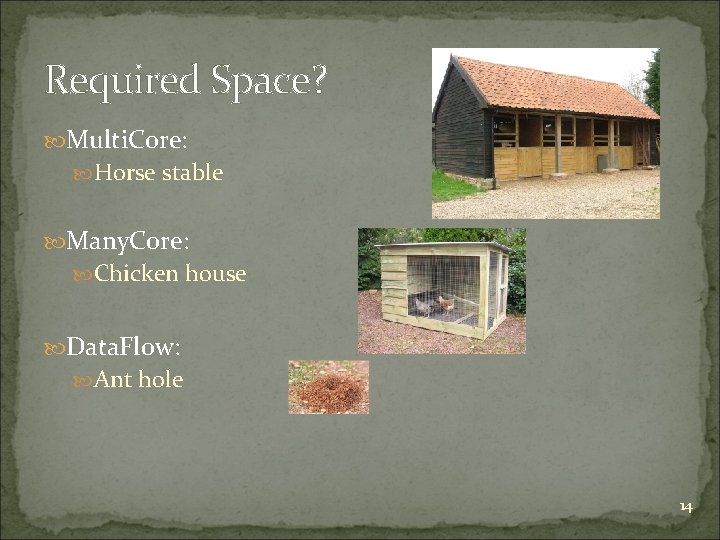 Required Space? Multi. Core: Horse stable Many. Core: Chicken house Data. Flow: Ant hole