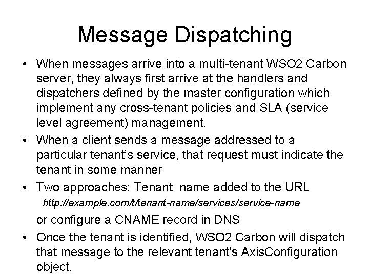 Message Dispatching • When messages arrive into a multi-tenant WSO 2 Carbon server, they