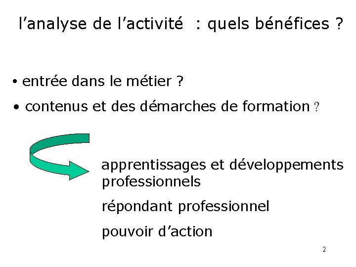 l’analyse de l’activité : quels bénéfices ? • entrée dans le métier ? •