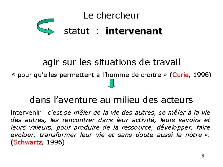 Le chercheur statut : intervenant agir sur les situations de travail « pour qu’elles