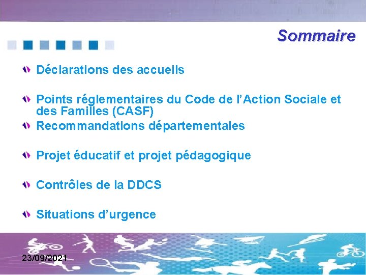 Sommaire Déclarations des accueils Points réglementaires du Code de l’Action Sociale et des Familles