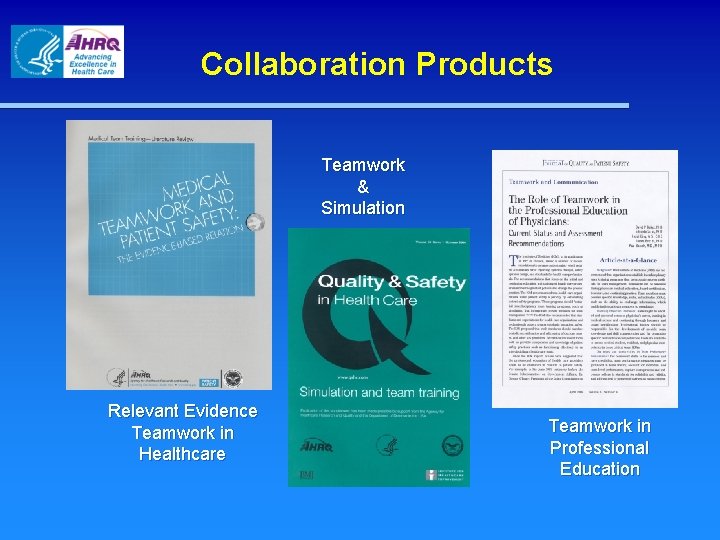 Collaboration Products Teamwork & Simulation Relevant Evidence Teamwork in Healthcare Teamwork in Professional Education