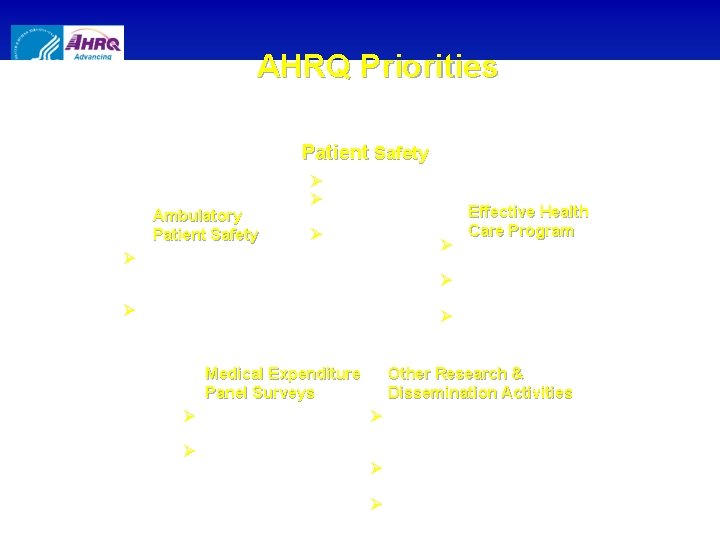 AHRQ Priorities Patient Safety Ambulatory Patient Safety Ø Health IT Ø Patient Safety Organizations