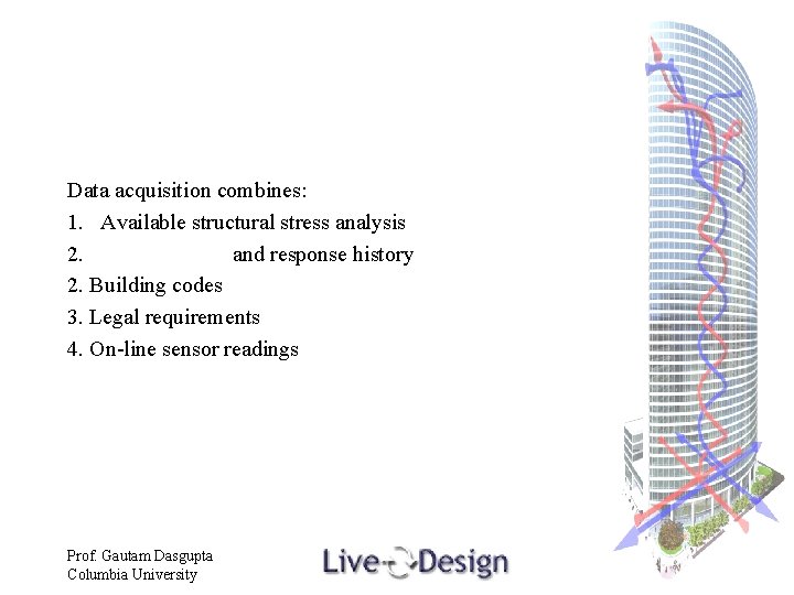 Data acquisition combines: 1. Available structural stress analysis 2. and response history 2. Building