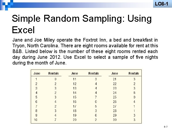 LO 8 -1 Simple Random Sampling: Using Excel Jane and Joe Miley operate the