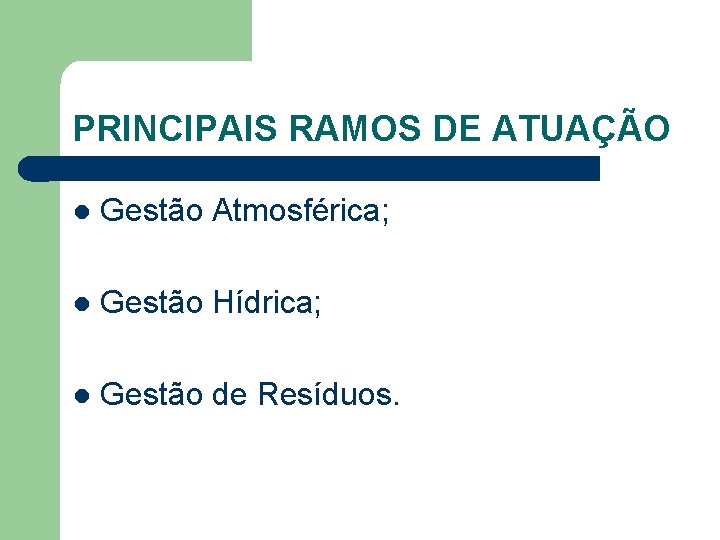 PRINCIPAIS RAMOS DE ATUAÇÃO l Gestão Atmosférica; l Gestão Hídrica; l Gestão de Resíduos.