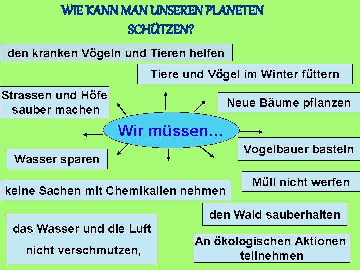 WIE KANN MAN UNSEREN PLANETEN SCHÜTZEN? den kranken Vögeln und Tieren helfen Tiere und