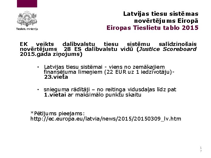 Latvijas tiesu sistēmas novērtējums Eiropā Eiropas Tieslietu tablo 2015 EK veikts dalībvalstu tiesu sistēmu