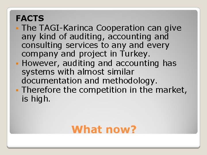 FACTS § The TAGI-Karinca Cooperation can give any kind of auditing, accounting and consulting