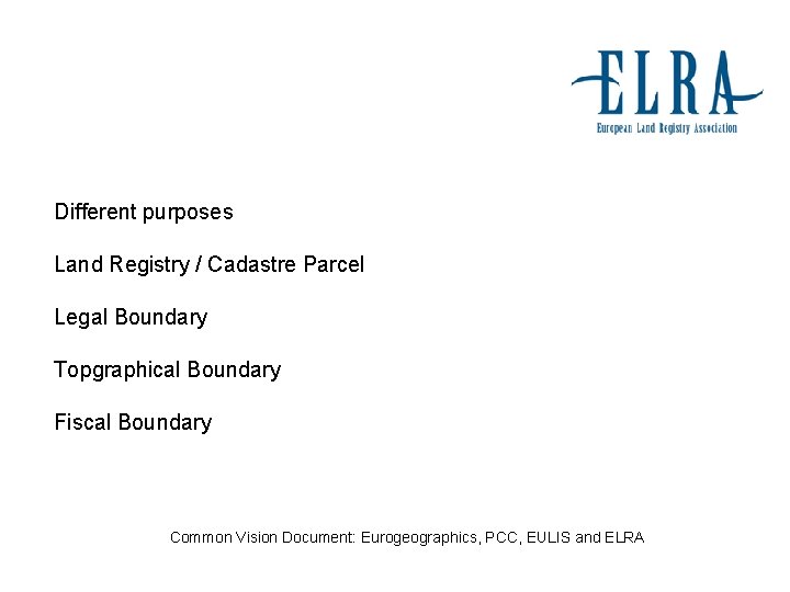 Different purposes Land Registry / Cadastre Parcel Legal Boundary Topgraphical Boundary Fiscal Boundary Common