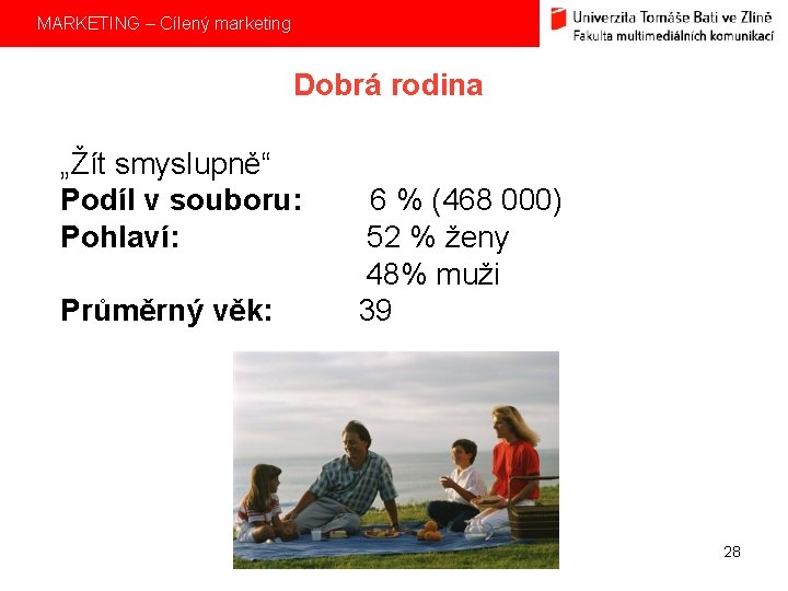 MARKETING – Cílený marketing Dobrá rodina „Žít smyslupně“ Podíl v souboru: Pohlaví: Průměrný věk: