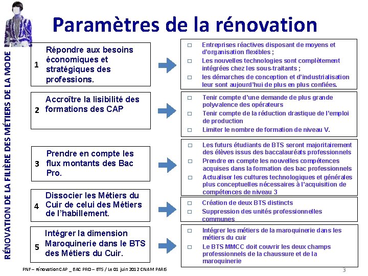 RÉNOVATION DE LA FILIÈRE DES MÉTIERS DE LA MODE Paramètres de la rénovation Répondre