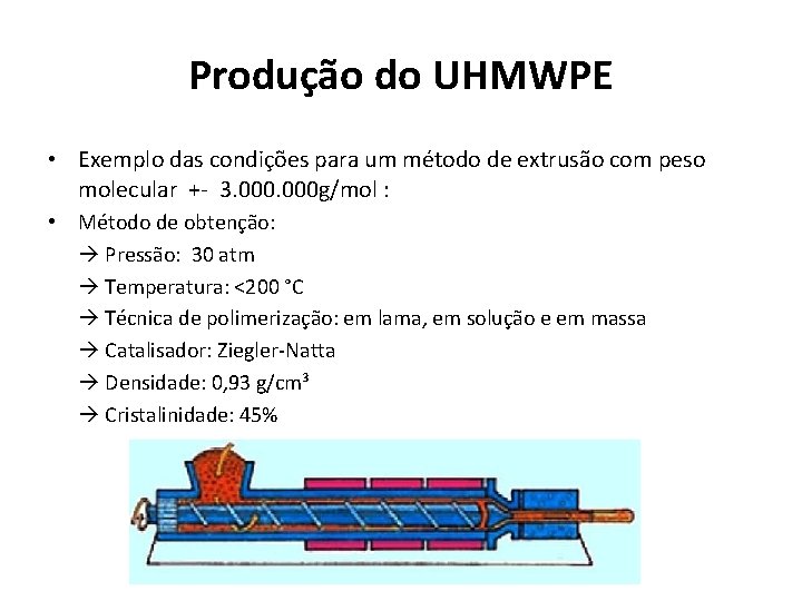 Produção do UHMWPE • Exemplo das condições para um método de extrusão com peso