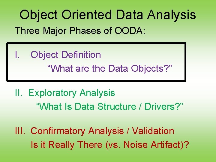 Object Oriented Data Analysis Three Major Phases of OODA: I. Object Definition “What are