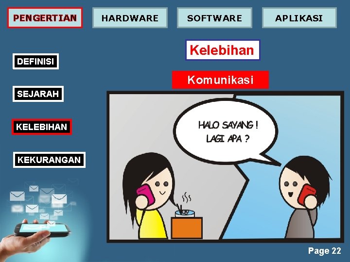 PENGERTIAN DEFINISI HARDWARE SOFTWARE APLIKASI Kelebihan Komunikasi SEJARAH KELEBIHAN KEKURANGAN Page 22 PENGERTIAN DEFINISI HARDWARE SOFTWARE APLIKASI Kelebihan Komunikasi SEJARAH KELEBIHAN KEKURANGAN Page 22