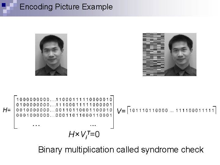 Encoding Picture Example V= H×Vi. T=0 Parity Image Binary multiplication called syndrome check 