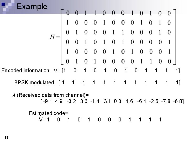 Example Encoded information V= [1 0 1 0 1 1 1 1] BPSK modulated=