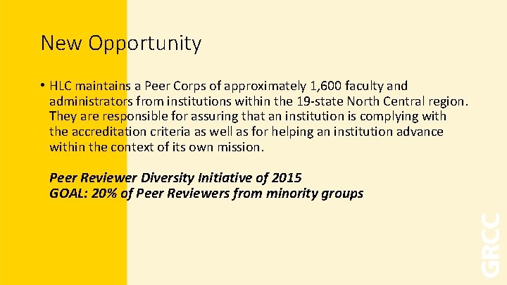 New Opportunity • HLC maintains a Peer Corps of approximately 1, 600 faculty and