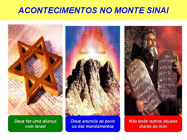 ACONTECIMENTOS NO MONTE SINAI Deus faz uma aliança com Israel Deus anuncia ao povo