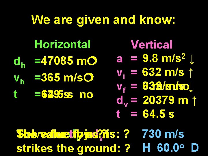 We are given and know: dh vh t Horizontal =47085 m =365 m/s =129