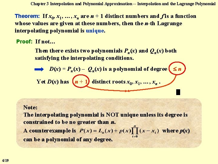 Chapter 3 Interpolation and Polynomial Approximation -- Interpolation and the Lagrange Polynomial Theorem: If