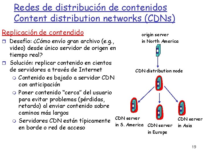 Redes de distribución de contenidos Content distribution networks (CDNs) Replicación de contendido Desafío: ¿Cómo
