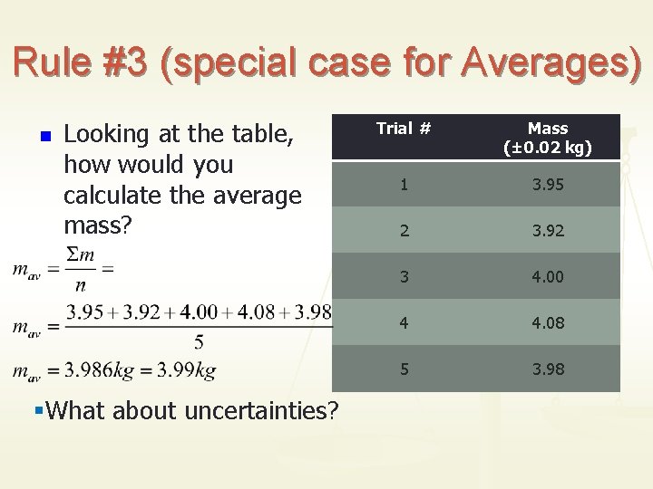 Rule #3 (special case for Averages) n Looking at the table, how would you