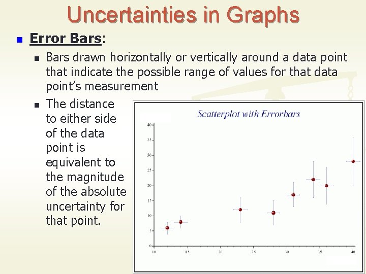 Uncertainties in Graphs n Error Bars: n n Bars drawn horizontally or vertically around