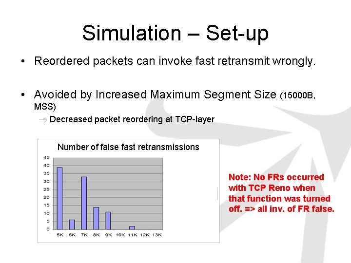 Simulation – Set-up • Reordered packets can invoke fast retransmit wrongly. • Avoided by