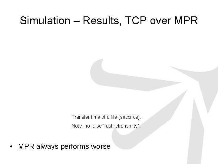 Simulation – Results, TCP over MPR Transfer time of a file (seconds). Note, no