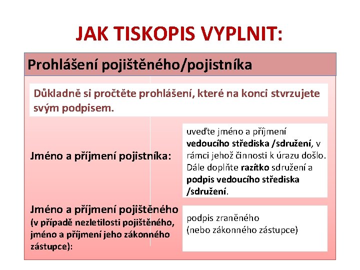 JAK TISKOPIS VYPLNIT: Prohlášení pojištěného/pojistníka Důkladně si pročtěte prohlášení, které na konci stvrzujete svým