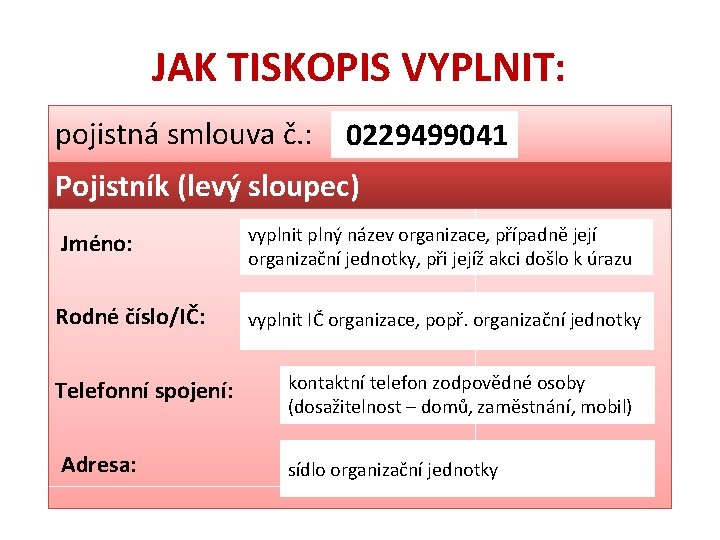 JAK TISKOPIS VYPLNIT: pojistná smlouva č. : 0229499041 Pojistník (levý sloupec) Jméno: vyplnit plný