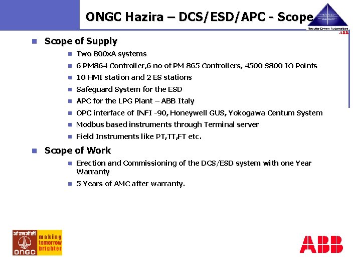 ONGC Hazira – DCS/ESD/APC - Scope n Scope of Supply n Two 800 x.