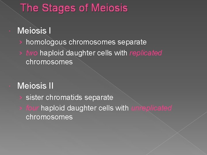 The Stages of Meiosis I › homologous chromosomes separate › two haploid daughter cells