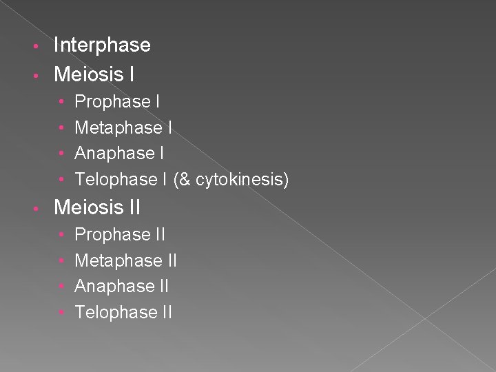 Interphase • Meiosis I • • • Prophase I Metaphase I Anaphase I Telophase