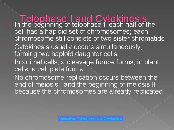  Telophase I and Cytokinesis In the beginning of telophase I, each half of